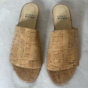 Stuart Weitzman Women’s Open Toe Wedge Heel Cork Mules in Tan Sz 6~NWOB